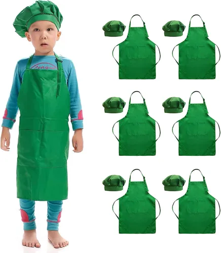 Paquete de 6 delantales ajustables para niños y sombrero de chef para cocinar, hornear, pintura, arte, delantal para niñas y niños con 2 bolsillos