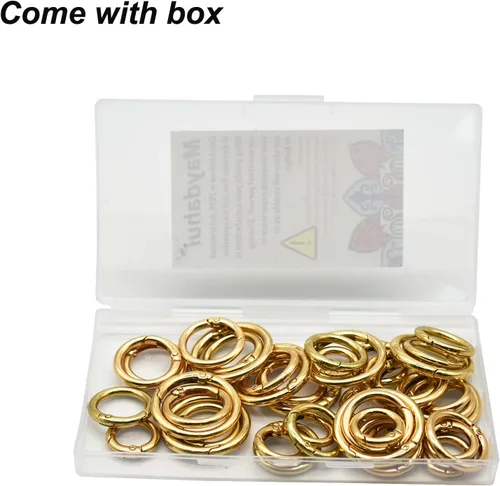 Miniatura 7 de Maydahui 40 piezas de anillo de resorte de aleación de zinc con clip de resorte de 4 tamaños (0.8, 0.98, 1.1, 1.3 pulgadas), mosquetón redondo Dorado