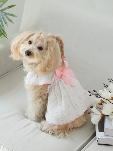 Miniatura 3 de QWINEE Vestido con estampado de corazón para perro y gato, decoración de lazo, lindo vestido de tutú para cachorro, falda tutú para chihuahua, Rosa