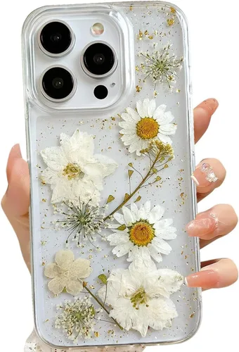 Miniatura 55 de LSEEKA Funda transparente para iPhone 13 Mini/iPhone 12 Mini con diseño de flores reales prensadas, con purpurina, bonito patrón floral blanco, Oro