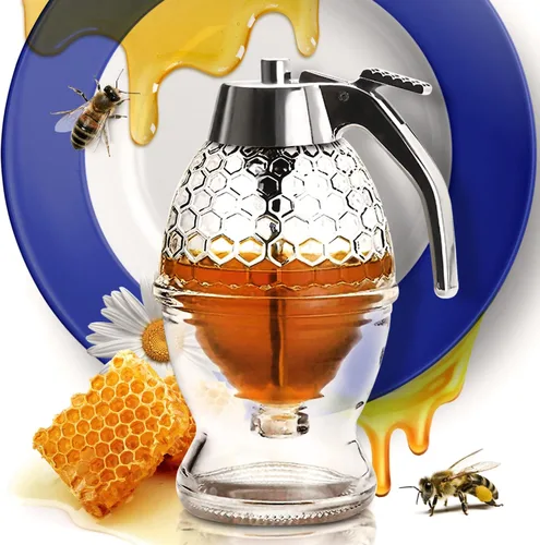 CLEVLI Dispensador de Miel – Vidrio Antigoteo con Soporte – Frasco de Miel – Recipiente de Miel de Vidrio Transparente con Cucharón de 8 Oz –