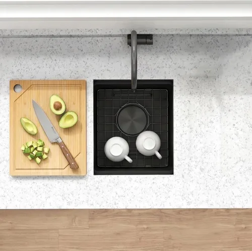 Miniatura 8 de Fregadero de barra de montaje inferior negro, fregadero de cocina de acero inoxidable 304S de calibre 16 con repisa de estación de trabajo