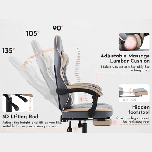 Miniatura 6 de Silla ergonómica de cuero para juegos con reposapiés, cómoda silla de juegos beige con cómodo reposacabezas y soporte lumbar para adultos, niños