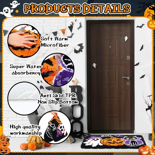Miniatura 3 de Breling Juego de 3 piezas de alfombras de baño de Halloween, calabaza, antideslizante, lavable, alfombra de fantasmas, negra y púrpura, cubierta