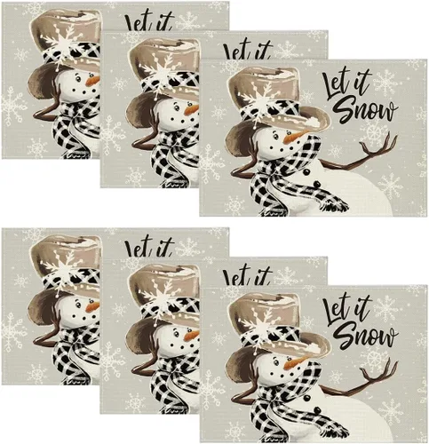 Miniatura 13 de Artoid Mode Juego de 4 manteles individuales de invierno con diseño de copos de nieve y muñeco de nieve rojo de 12 x 18 pulgadas para decoración
