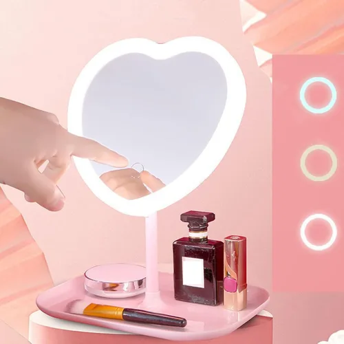 Miniatura 7 de Espejo de tocador de maquillaje de corazón con luces LED, luces de control táctil, brillo ajustable, espejo de tocador iluminado con carga USB