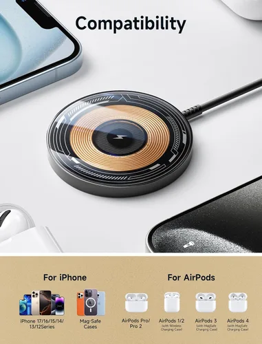 Miniatura 4 de JSAUX Cargador para iPhone 17 Magsafe de carga inalámbrica, compatible con iPhone 17 Air Pro Max/16/15/14/13/12, almohadilla de carga magnética