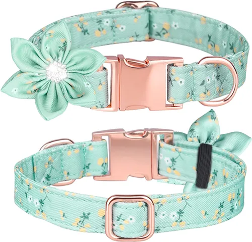 Miniatura 8 de Collar de cachorro con patrón floral, bonito collar de perro con flor de diamantes de imitación desmontable para perras (S, azul)
