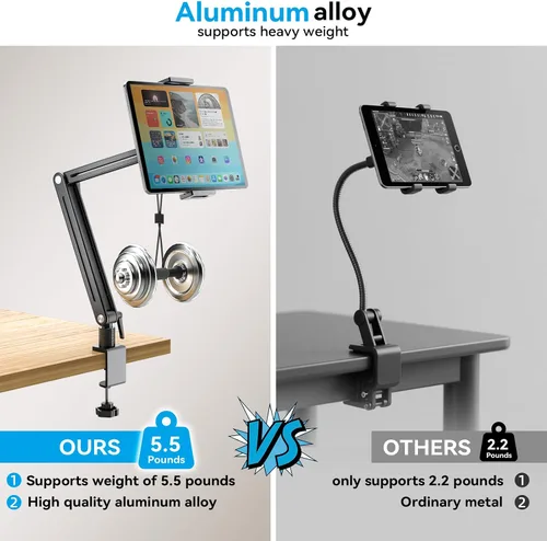 Miniatura 5 de Jakeko Soporte Ajustable para Tablet en Escritorio - Base Giratoria de 360 Grados, Soporte de Brazo Alto, Montura Giratoria y Abrazadera Flexible