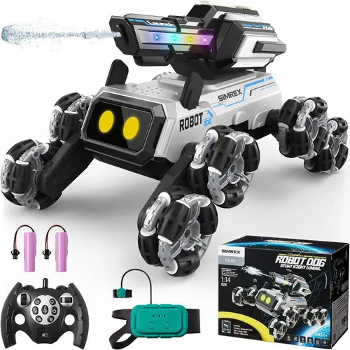 SIMREX Robot Perro RC Coche de Acrobacias Juguetes - Control remoto con detección de gestos con ruedas Mecanum, ojos LED, 3 efectos de sonido,