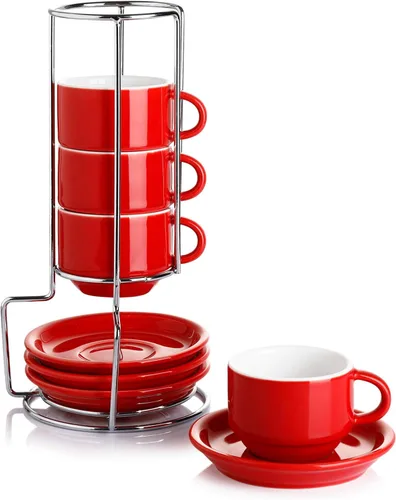 SWEESE - Tazas de porcelana apilables, de 8 onzas, con platillos y soporte de metal, para bebidas especializadas del café, capuchino, latte, Rojo
