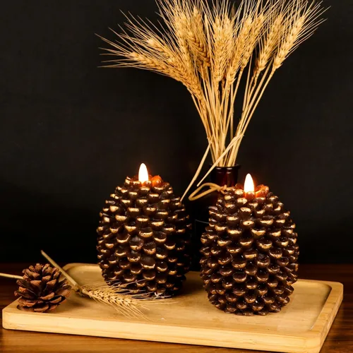 Miniatura 7 de Eldnacele Velas sin llama con cono de pino que funcionan con pilas con temporizador de 6 horas, sin perfume, cera real, mecha plana, piña