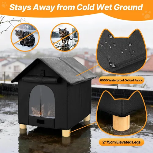 Miniatura 3 de FHTONGE Casa elevada para gatos al aire libre con alfombrilla lavable, refugio resistente a la intemperie para gatos con 2 salidas, perrera aislada
