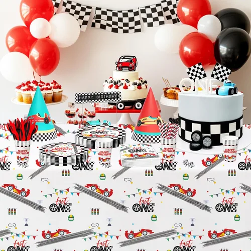 Miniatura 6 de Xigejob Suministros para fiesta de primer cumpleaños de coche de carreras, decoración rápida de un cumpleaños, vajilla, plato de papel, servilleta