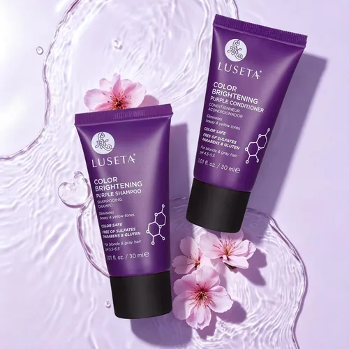 Miniatura 7 de Luseta - Kit de viaje de champú y acondicionador morado iluminador de color para cabello rubio y gris, infundido con aceite de coco nucifera