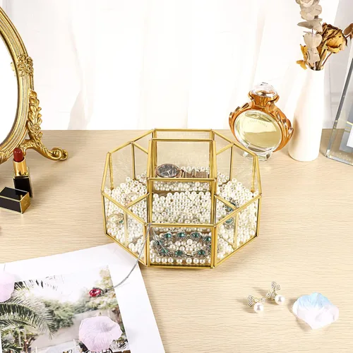Miniatura 6 de Hipiwe Organizador de maquillaje de vidrio giratorio de 360 grados, 5 ranuras de metal dorado, soporte de exhibición de almacenamiento de cosméticos