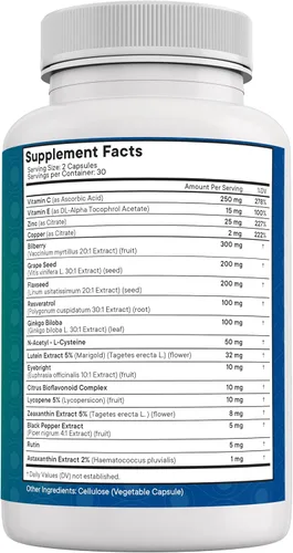 Miniatura 9 de NEW AGE Vitaminas para la salud ocular con arándano, luteína y zeaxantina, licopeno, resveratrol, extracto de semilla de uva, astaxantina, vitamina