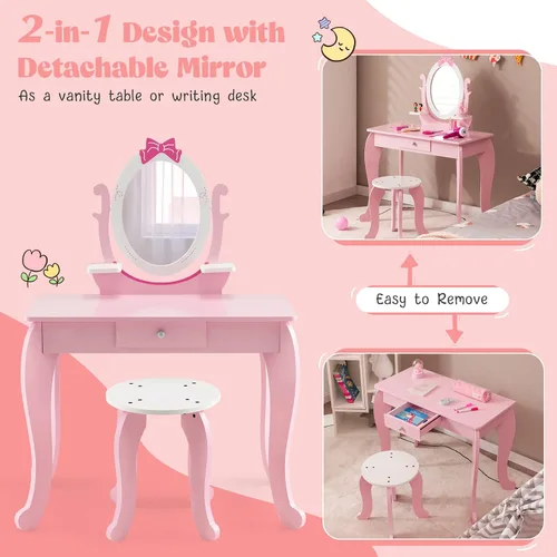 Miniatura 3 de HONEY JOY Juego de tocador para niños, Espejo ovalado de rotación 360 grados, juego de tocador de maquillaje de princesa para niñas pequeñas, juego
