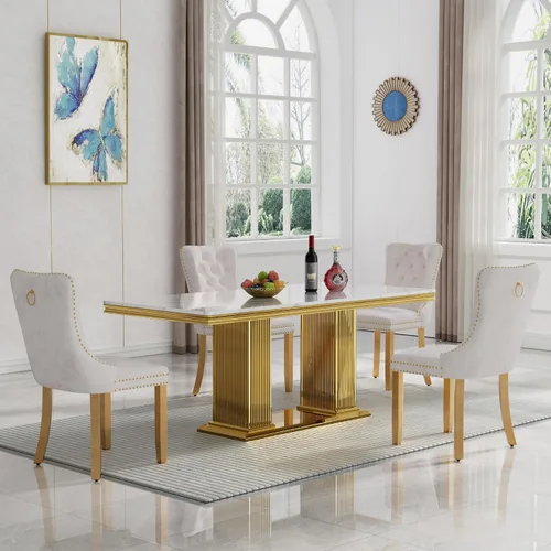 Miniatura 31 de HomVent Juego de mesa de comedor moderna de mármol sintético para 4 personas, mesa de cocina rectangular con 4 sillas beige (dorado)