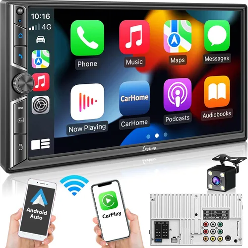 Estéreo de auto de doble DIN de 7 pulgadas compatible con Apple CarPlay inalámbrico y Android Auto, puertos de subwoofer dual de 240 W y 4.2