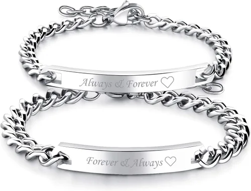 Cupimatch Juego de 2 pulseras para parejas con circonita cúbica, acero inoxidable de titanio ajustable Always & Forever y Always Love a juego