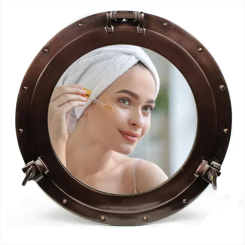 Miniatura 18 de Nagina International Espejo y ventanas de buey náutico con acabado de latón antiguo con recubrimiento en polvo, espejo de decoración de pared