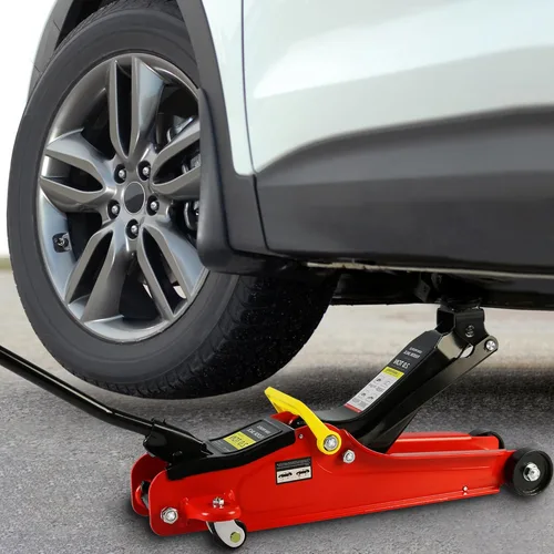 Miniatura 2 de Gato hidráulico de perfil bajo con bolsa de almacenamiento, de acero, bomba de elevación rápida de un solo pistón, rojo, rango de elevación de 3.3 a