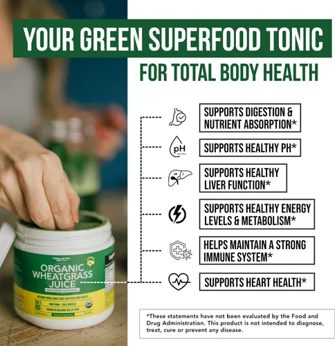 Miniatura 4 de Polvo de jugo de pasto de trigo orgánico, cultivado orgánicamente en suelo volcánico de Utah, forma cruda y bioactiva, prensado en frío y secado