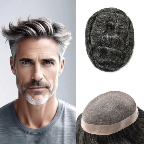 Miniatura 43 de Tupé para hombre, pieza de cabello humano real, monofilamento, tupé para hombres, postizos, unidades de sistema de reemplazo de cabello, gris