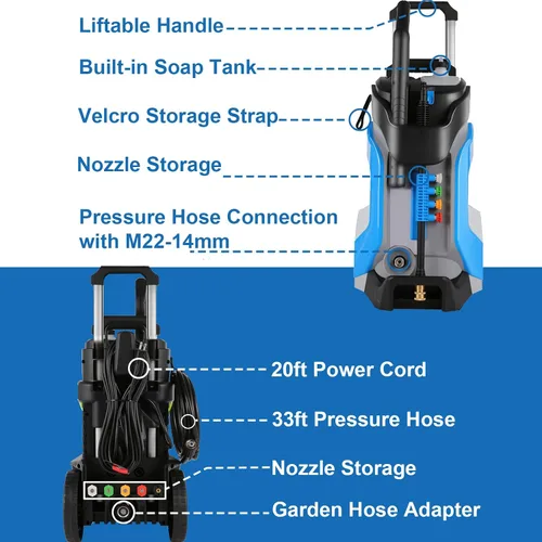 Miniatura 5 de Lavadora a presión eléctrica 5000PSI 4.0GPM con manguera de presión M22-0.551 in 33 pies, rociadores eléctricos de alta presión con limpiador