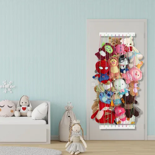 Miniatura 5 de PHOENANCEE Organizador de juguetes de peluche, juego de 2 estantes de almacenamiento de pared de animales de peluche para niños, soporte colgante