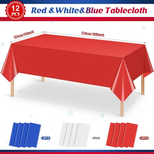 Miniatura 2 de Paquete de 12 manteles de plástico desechables del 4 de julio, manteles de plástico desechables en color rojo, blanco y azul, fundas rectangulares
