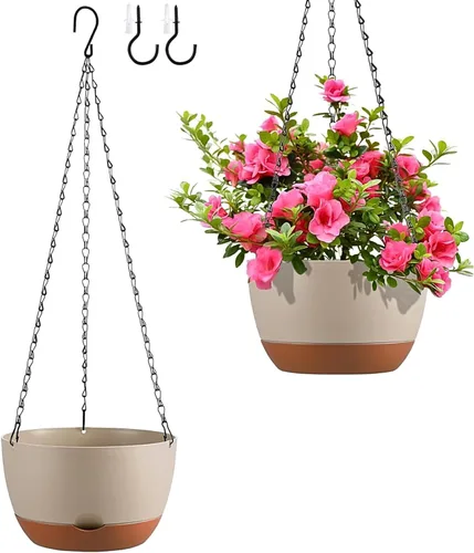Miniatura 10 de Juego de 2 macetas colgantes de autoriego de 8 pulgadas para plantas de interior y exterior, cestas colgantes de bloques de color, macetas