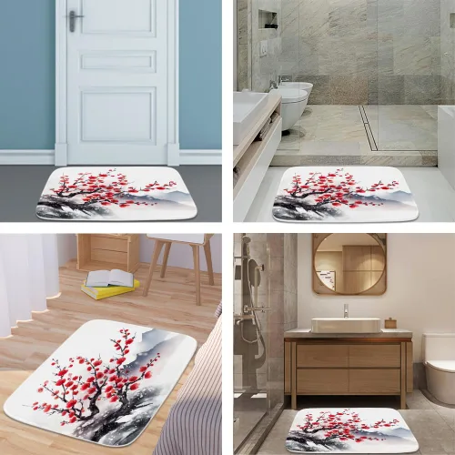 Miniatura 5 de Alfombra de baño floral con ramas de flor de ciruelo, terciopelo coral, tapete de ducha antideslizante para baño, árbol de flores