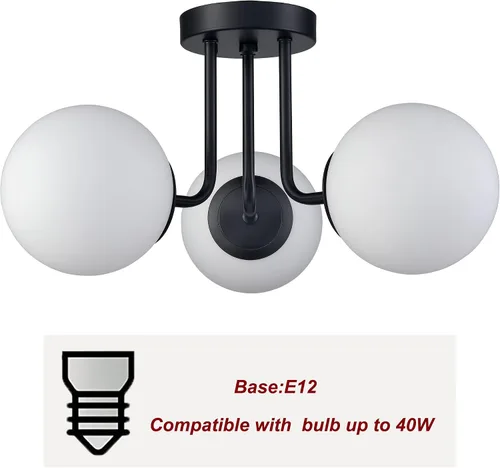 Miniatura 6 de Lámpara de techo semiempotrada moderna de metal negro de 3 luces con pantalla de vidrio de globo blanco, lámpara de montaje en techo para pasillo