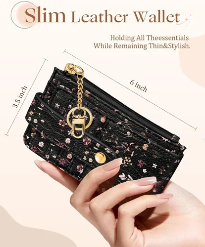 Miniatura 2 de Cartera delgada pequeña para tarjetas para mujeres – Linda cartera con llavero con bloqueo RFID que sostiene 7 tarjetas, diseño de moda de cuero