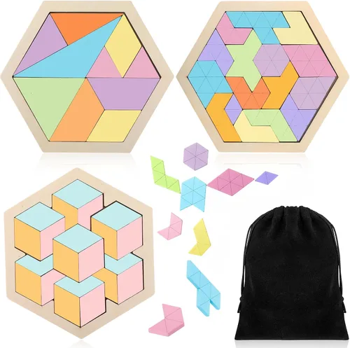 Miniatura 15 de Yunsailing Paquete de 3 rompecabezas grandes de madera hexagonal Tangram rompecabezas de madera rusa para adultos desafío teasers geométrico, lógica