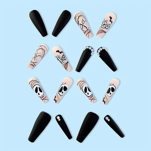 Miniatura 4 de 24 uñas largas a presión de Halloween, uñas postizas de Halloween, uñas postizas acrílicas con forma de ataúd con diseños, cobertura completa