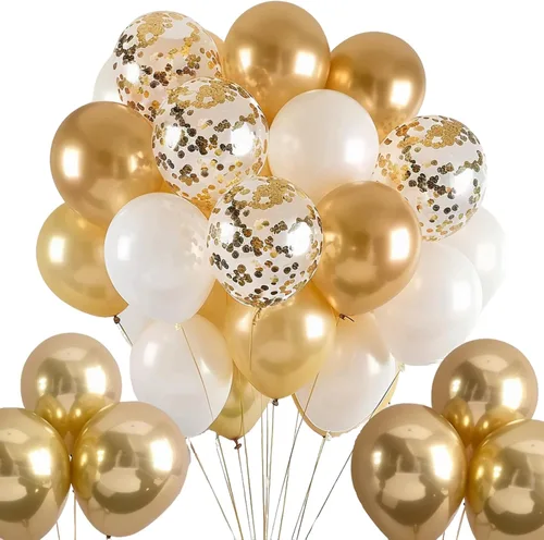 Juego de 50 globos para fiestas, cromo dorado, perla blanca y confeti dorado, globos de látex natural de 12 pulgadas para decoraciones de fiestas,