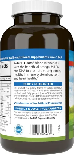 Miniatura 3 de Carlson - Gemas solares D, suplemento de vitamina D3 y Omega-3, 2000 UI (50 mcg) de vitamina D3, 115 mg de Omega-3 EPA y DHA Suplemento, capturado