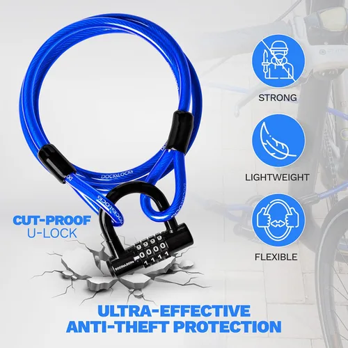 Miniatura 2 de DocksLocks Juego de candado de cable de seguridad (5' a 25') extremos en bucle, resistente a la intemperie, cerradura compacta sin llave en U