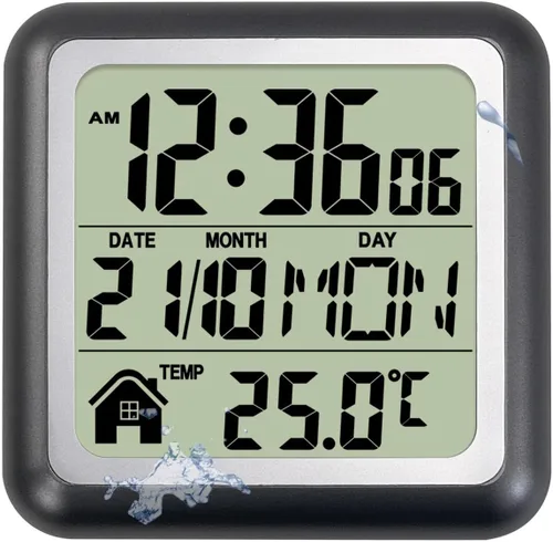 Miniatura 9 de Reloj de pared impermeable para baño, reloj de pared negro para interiores con ventosa, movimiento de cuarzo, marco de plástico, opción flexible