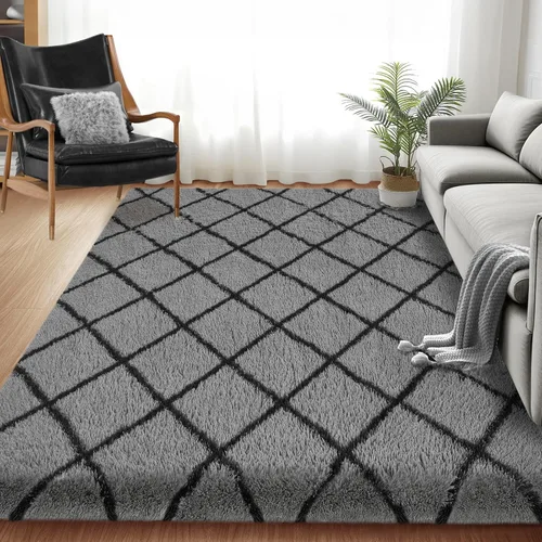 Miniatura 25 de Alfombra de área súper suave en blanco y negro, de 5 x 7 pies, alfombra clásica a cuadros de pelo alto mullida para dormitorio, sala de estar, Negro