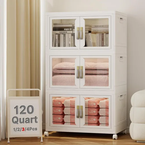 Miniatura 12 de Stackable Storage Bins with Lids, Clear Doors, 120QT Storage Bins Large Storage Cabinet Foldable Collapsible Closet Organizers for Bedroom Dorm