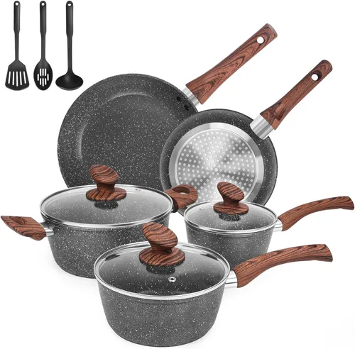 M MELENTA Juego de ollas y sartenes de granito antiadherentes, juego de utensilios de cocina de inducción fundidos a troquel de 11 piezas, juego de