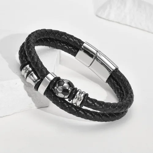 Miniatura 6 de TempBeau Pulsera de cuero genuino de fútbol para hombre, pulsera de cuero trenzado para niño, pulsera de cuero negro, regalos para papá, Acero