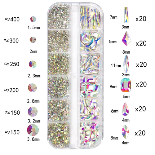 Miniatura 3 de Kit de diamantes de imitación para uñas, 1500 piezas de diamantes de imitación redondos con parte trasera plana, gemas de uñas AB multiformas, 0.3
