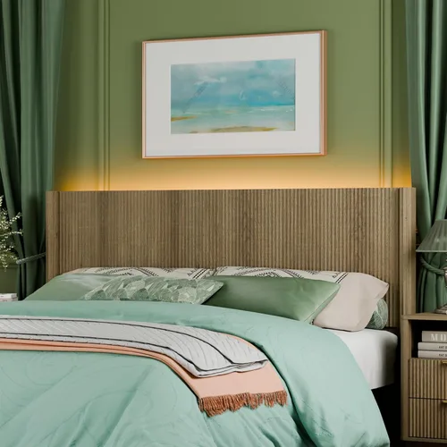 Miniatura 10 de Cabecera tamaño King solamente, moderno tablero acanalado montado en la pared con iluminación, cabecera de cama de madera bohemia elegante