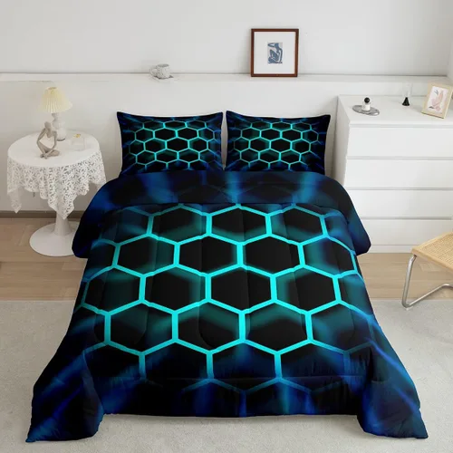 Miniatura 4 de Juego de ropa de cama individual de panal para niños y niños, color negro, verde azulado, azul, hexagonal, geométrico, patrón de colmena, edredón