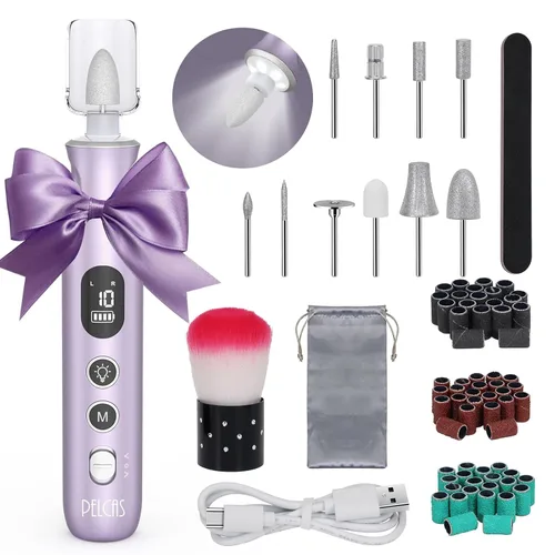 Miniatura 8 de PELCAS Limadora de Uñas Eléctrica, taladro de uñas inalámbrico de 10 velocidades con luz LED, kit portátil de manicura y pedicura, lima de uñas